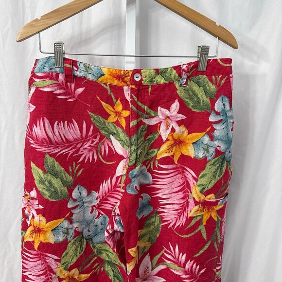 Chicos Design Linen Blend Crop Pants Red Floral Vintage Large - Picture 4 of 11